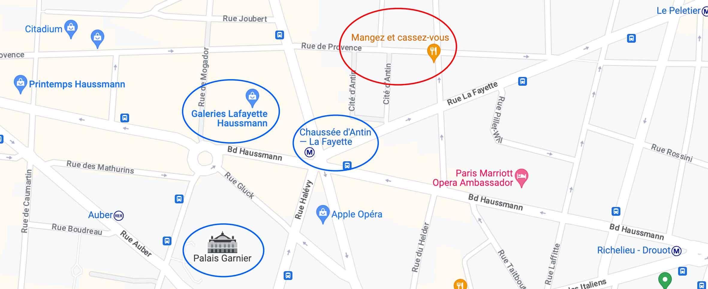 Mapa con la ubicación de un restaurante para comer barato en París