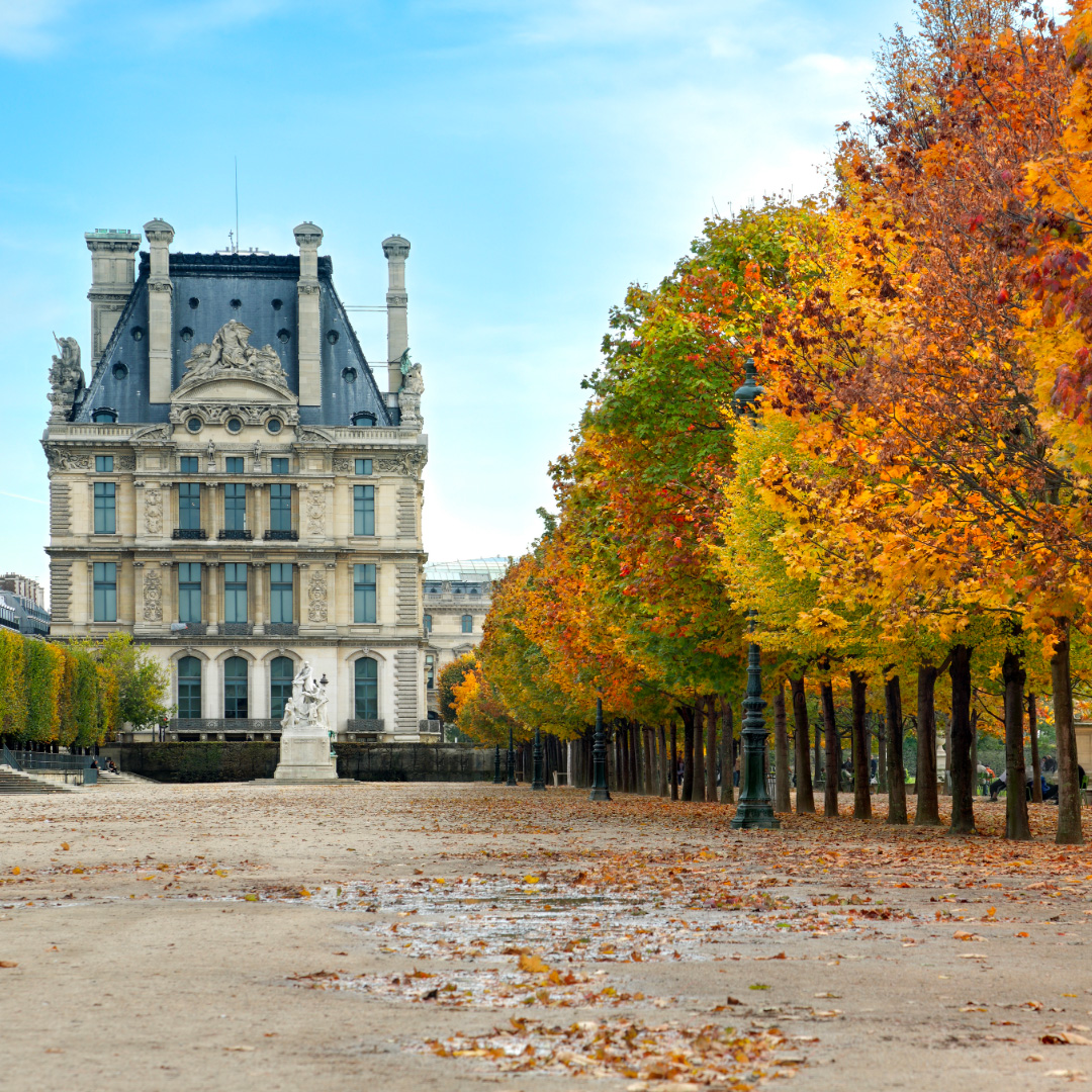 Paris en septiembre vista del museo del Louvre y del jardín de las Tullerías