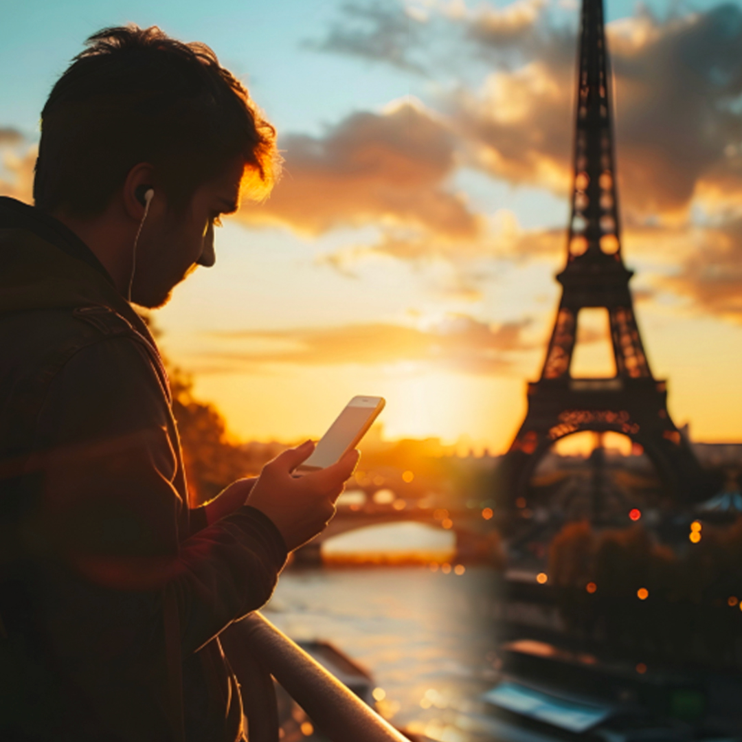 Hombre con datos en su celular en París.